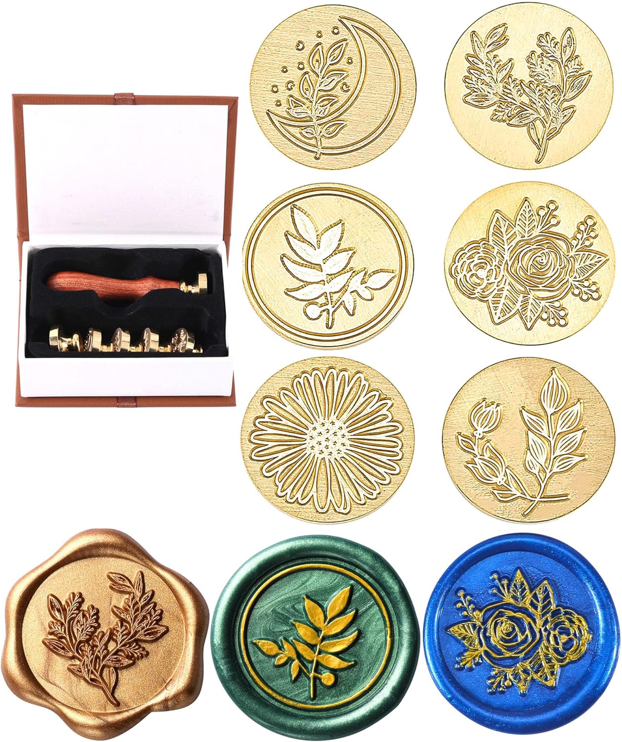 Yoption 6 Pcs Wax Seal Stamp Set, Vintage Tree of Life Bee Heart Compass Feather with Love Sealing Wax Stamps Kit, Wooden Handle with Brass Head for Wedding Invitation Cards Christmas Gift