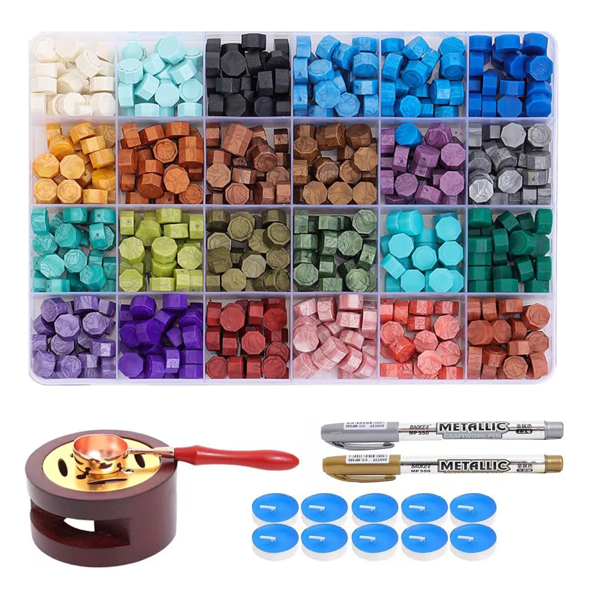 Wax Seal Kit - 624Pc Stamp Kit with 24 Colors, Spoon, 10 Tea Candles, Warmer, Pen