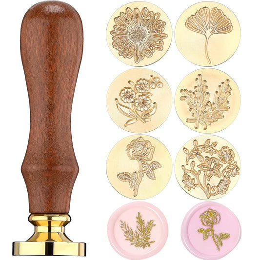 Chrisfall Wax Seal Stamp Gift Box Set 6 Sealing Stamp Heads 1 Wooden Hilt Floral Elegant Botanical Letter Sealing Kit for Wedding Party Invitation, Gift Packaging, Envelope, Cards(Fresh Style)